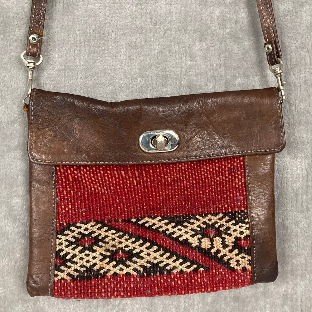 Leather Crossbody Bag Brown Turkish kilim Woven Style Geometric Red Boho 6x8
